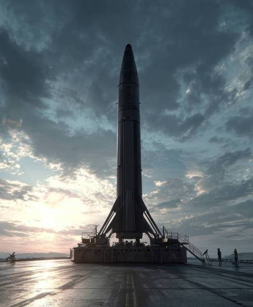 Silhouette of a large rocket against a dramatic sky at dawn.  Dark clouds surround the rocket and the ground is a dark gray.  A subtle sunrise peeks through the clouds.  Suitable for use in space exploration, technology, or science publications.
